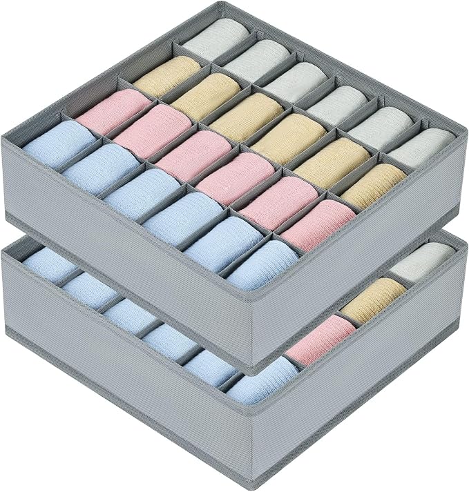 joyoldelf Sock Drawer Organizer Divider 2 Packs Underwear Organizer, 24 Cell Closet Organizers and Storage Organizer Sock Holders Organizers for Storing Socks, Handkerchiefs, Ties, Belts (Grey)