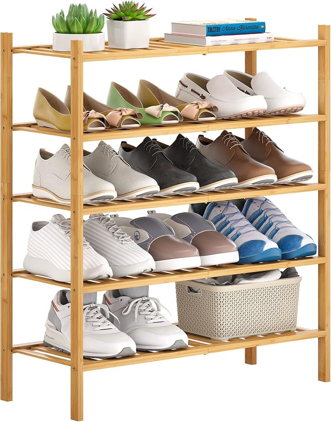 Bamboo Shoe Rack Stackable Storage Organizer for Unit Entryway Hallway and Closet Sturdy Freestanding Shoe Shelf(5 Tier Natural)