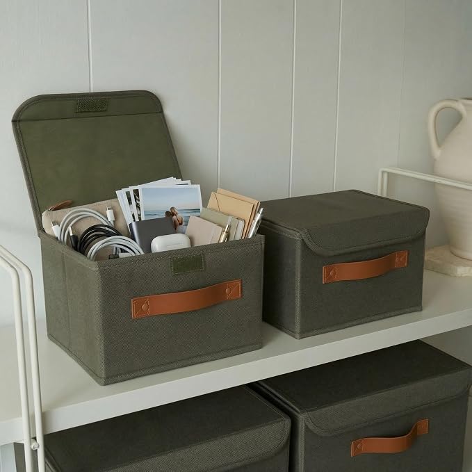 Decorative Linen Storage Boxes with Lids - Spacious Set of 2 Organizer Bins for Your Home Decor - The Perfect Small Container to Safely Store Photos, Documents and Memory Box Keepsakes in Style