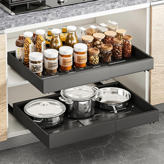 1 Pack Pull Out Cabinet Organizer, Expandable Width (12.2"-20.4") x 16.5'' Deep Slide Out Drawers for Kitchen Pantry Bathroom Cabinets, Load-Bearing Upgrade 3 Slide Rails Fixed with Adhesive Nano Film