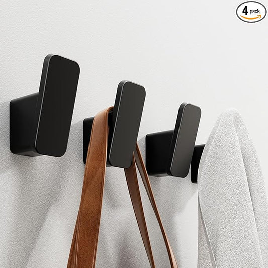 4-Pack Matte Black Towel Hook for Bathroom, Robe Coat Hook, Heavy Duty Wall Hooks for Hanging Bag Hat Mudroom Bedroom Shower Closet, Drill in Hanger Mount with Screw, Holder Back of Door Outdoor