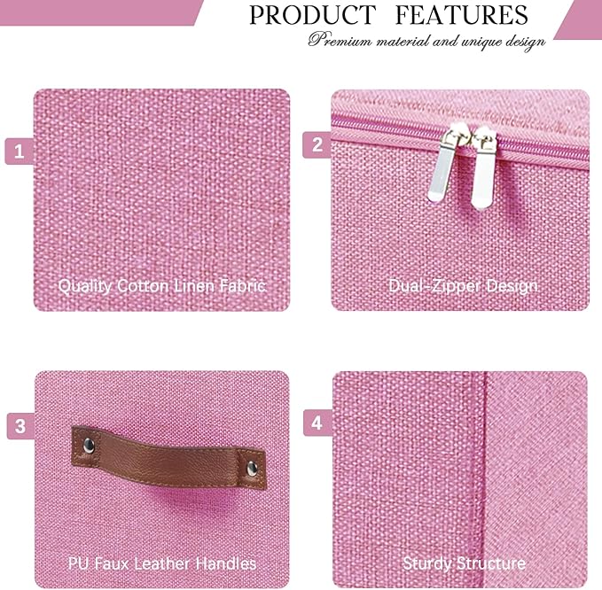 Storage Bins with Zipper Lid Foldable Fabric Lidded Storage Boxes Baskets Cubes Washable Collapsible PU Leather Handle Cotton Linen Shelves Closet Organizer Container(Pink, Large Size)