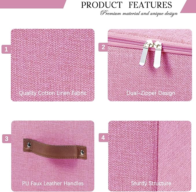 Storage Bins with Zipper Lid Foldable Fabric Lidded Storage Boxes Baskets Cubes Washable Collapsible PU Leather Handle Cotton Linen Shelves Closet Organizer Container(Pink, Small Size)