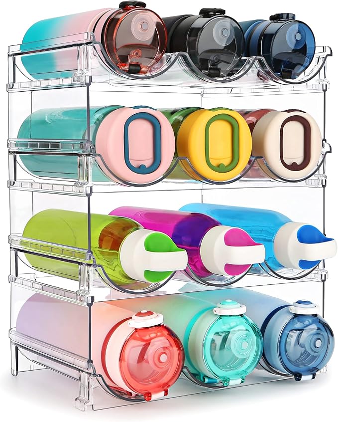 spospo Water Bottle Organizer for Cabinet, 4 Pack Water Bottle Organization and Storage Shelf, Plastic Water Bottle Holder Rack for Fridge, Kitchen, Desktop