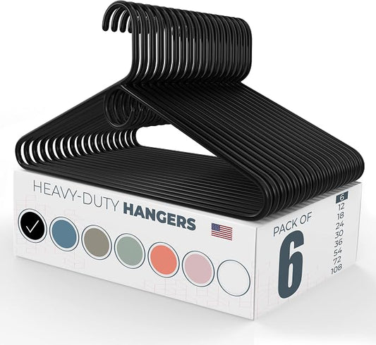Heavy Duty Clothes Hangers 6 Pack – Made in the USA – 8lb Capacity Plastic Hangers for Adult Clothing – Durable for Pants, Coats, Jackets, or Jeans – Black