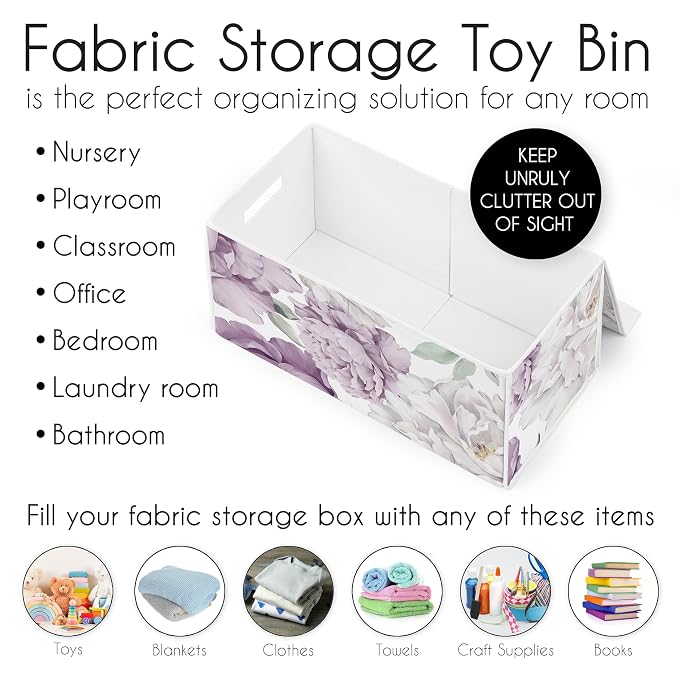 Sweet Jojo Designs Lavender Purple Boho Shabby Chic Floral Girl Collapsible Toy Storage Box Chest Organizer with Lid for Baby Nursery Kid Childrens Room Ivory Bohemian Vintage Garden Watercolor Nature