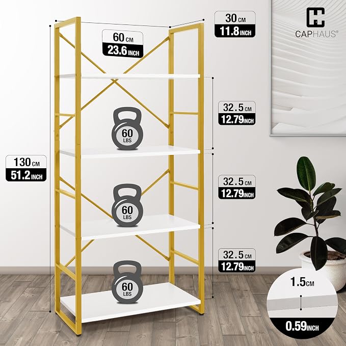 CAPHAUS 4 Tier Bookshelf, Bookcase Shelf Storage Organizer, Living Room, Kitchen, 24 Inch Width Free Standing Shelf, Industrial Book Shelves for Home Office, White Wooden Shelves & Gold Frame