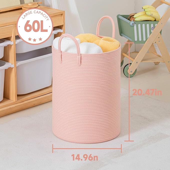 CLHMILY&Z Laundry Hamper Round Storage Rope Basket in Living Room, Bedroom, Laundry Room for Toy, Clothes, Blanket, Pillow (Pink, 60L)