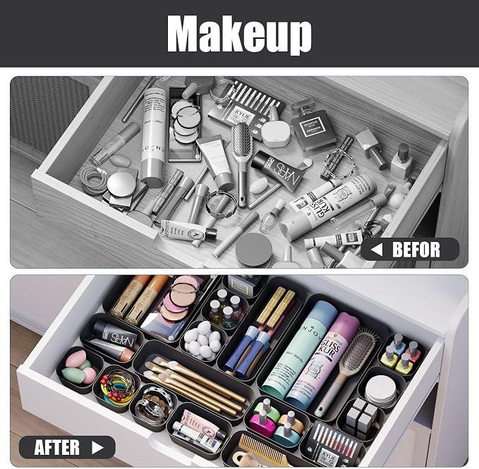 Drawer Organizers Bins 18 PCS for Bathroom Makeup Desk Office | with Non-slip Pads, 4 Sizes, Plastic Tray, Vanity Organizer, Kitchen Utensils Organizer