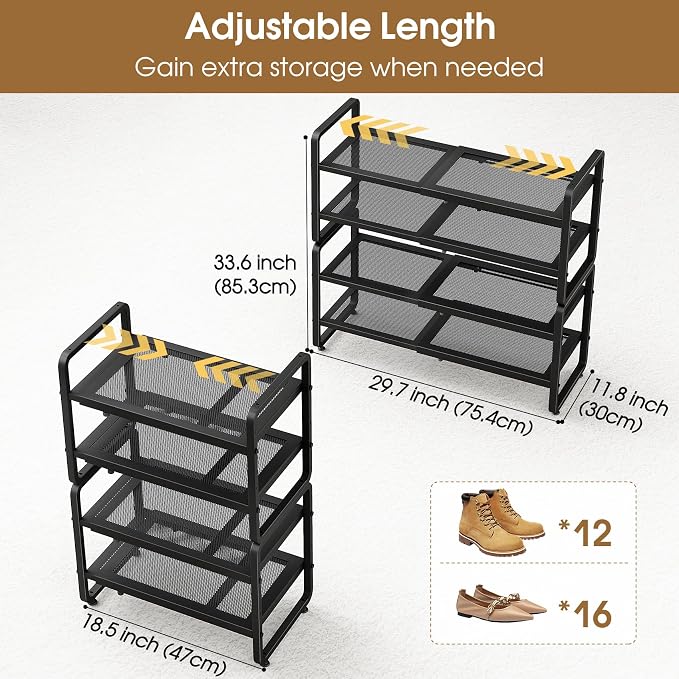 SAYZH Expandable Shoe Rack for Closet, Adjustable Metal Shoe Organizer with Sturdy Mesh Shelves for Boots & Heels, Stackable Shoe Storage for Entryway, Garage, Small Spaces (Black, 4-Tier)