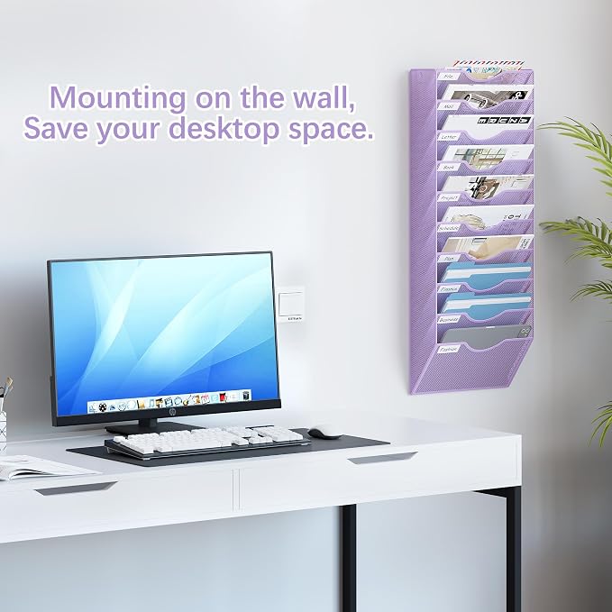 EasyPAG 10 Pocket Mesh Wall File Organizer, Hanging Paper Folder Holder with Classify Label, Vertical Wall Mount Mail Organizer for Office Home Classroom, Purple