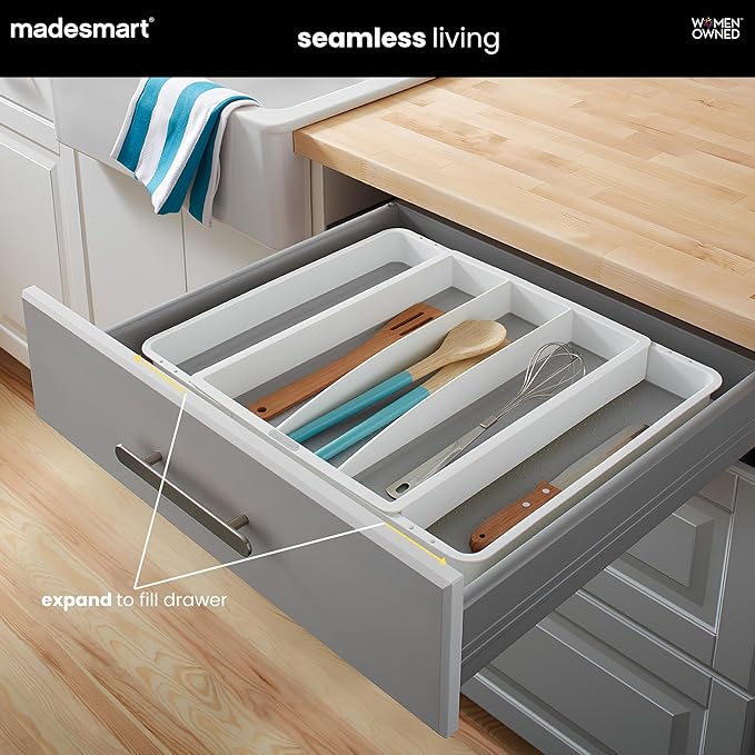madesmart Expandable Utensil Tray-White | Classic Collection | 5-Compartments | Kitchen Organizer | Soft-Grip Lining and Non-Slip Rubber Feet | Easy to Clean | BPA-Free