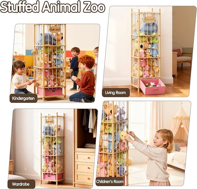 Brelley Stuffed Animal Storage Zoo Wood Toy Storage Organizer with Drawer, Large Toy Chest Stuffed animal holder for Kids Nursery Playroom Bedroom