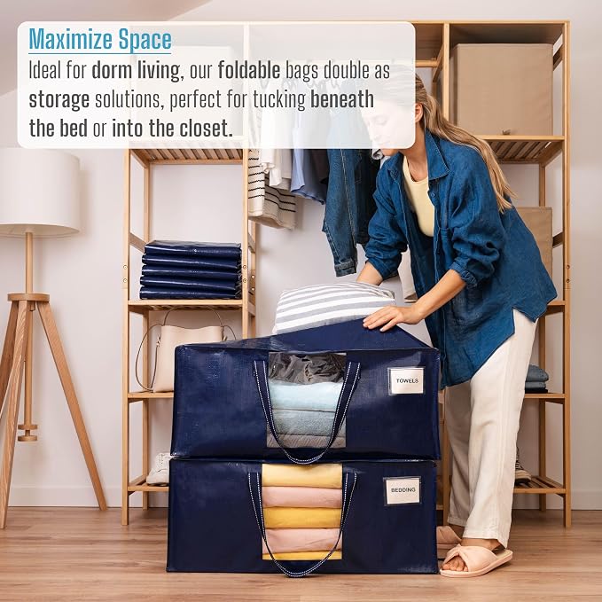 VENO 6 Pack Heavy Duty Moving Bags, Packing Bags with Clear Window, Alternative to Moving Boxes, Storage Bins for Clothes, Blankets, Comforters, College Dorm Essentials (Blue, 6 Pack)