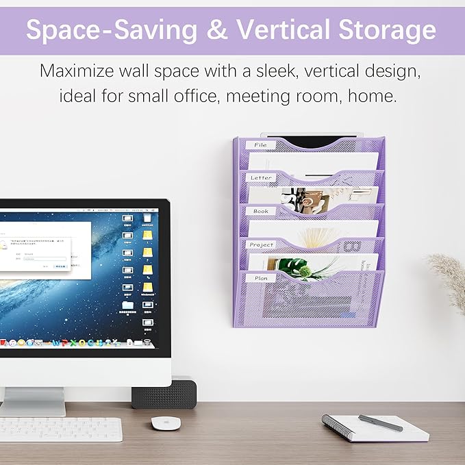 EasyPAG Wall File Organizer 5 Tier Hanging Paper Folder Holder, Zero Assembly Metal Mesh Wall Mounted Mail Organizer for Office Home Classroom Narrow Spaces, Puple