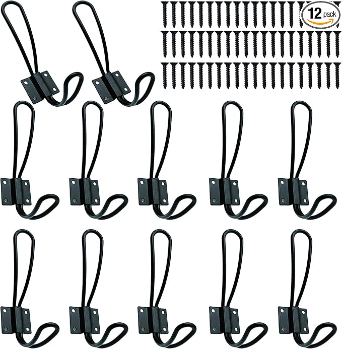 Hajoyful Rustic Entryway Hooks-12 Pack Farmhouse Hooks with Metal Screws Included, Black Decorative Wall Mounted Rustic Coat Hooks Rack, Double Vintage Organizer Hanging Wire Hook Clothes Hanger