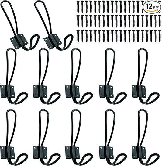 Hajoyful Rustic Entryway Hooks-12 Pack Farmhouse Hooks with Metal Screws Included, Black Decorative Wall Mounted Rustic Coat Hooks Rack, Double Vintage Organizer Hanging Wire Hook Clothes Hanger
