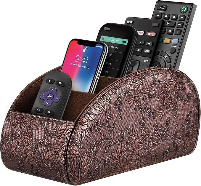 SITHON Remote Control Holder with 5 Compartments – [Upgrade Version] PU Leather Remote Caddy Desktop Organizer Store TV, DVD, Blu-Ray, Media Player, Smart Phones, Heater Controllers, Antique, Large