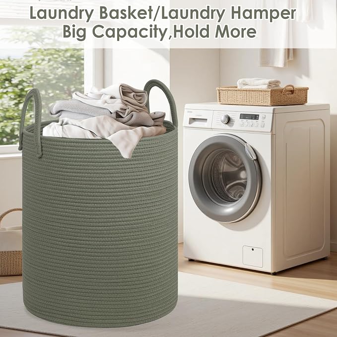 Laundry Basket,18x18X22 Cotton Rope Storage Basket with Handles,Kids Girl Baby Laundry Hamper,Dirty Clothes Hamper,Blanket Basket for Living Room,Nursery Hamper,Room Decor,Green