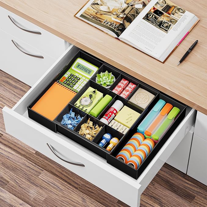 Marbrasse Expandable Desk Drawer Organizer, Clear Plastic Drawer Organizer Tray with 10 Adjustable Compartments, Desk Organizers and Accessories, 5 Drawer Dividers for Office Supplies, Makeup(Black)