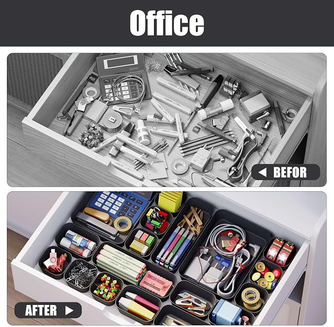 Drawer Organizers Bins 10 PCS for Bathroom Makeup Desk Office | with Non-slip Pads, 3 Sizes, Plastic Tray, Vanity Organizer, Kitchen Utensils Organizer