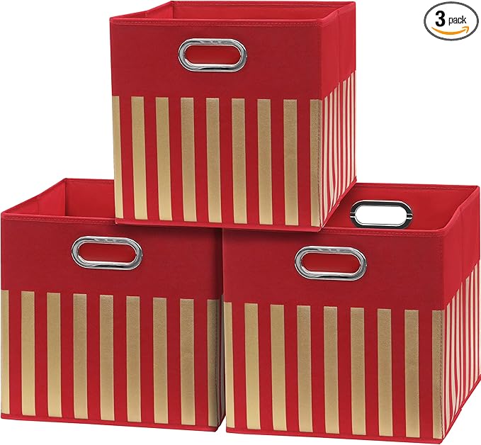Simple Houseware 13-Inch Collapsible Fabric Cube Storage Bin with Handles, Printed Design, 3 Pack, Red