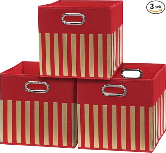 Simple Houseware 13-Inch Collapsible Fabric Cube Storage Bin with Handles, Printed Design, 3 Pack, Red