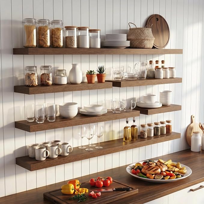 FLYJOE 36 Inch Floating Shelves for Wall Set of 2, 6.5" D Wood Grain Bathroom Shelves with Invisible Brackets, Easy Install Engineered Wood Storage Shelves for Kitchen, Living Room, Bedroom