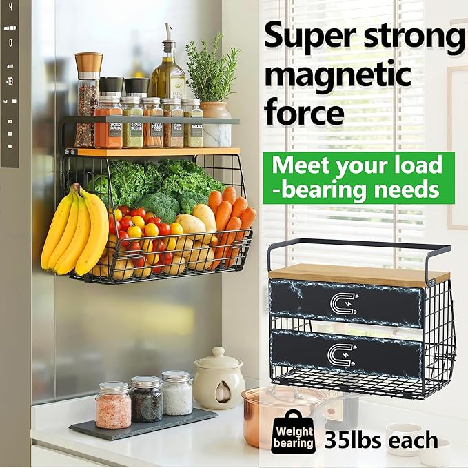 2 Pack Magnetic Spice Storage Rack Organizer for Refrigerator, Magnetic Shelf for Fridge with Wood Lid, Organizer for Kitchen & Laundry, Potato and Onion Storage Bins, Large Container, Strong Magnets