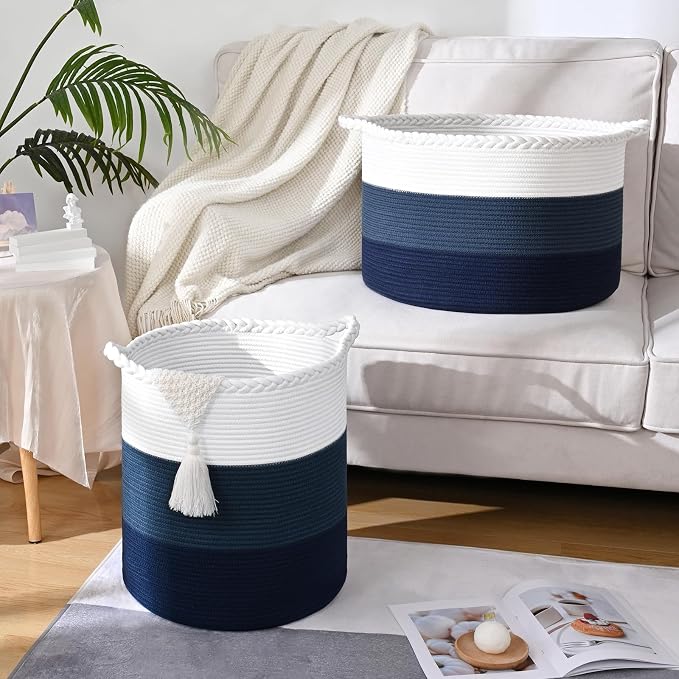 Laundry Hamper for Organizing, 52L Large Laundry Baskets, Cotton Rope Woven Blanket Basket, Collapsible Laundry Hamper for Living Room, Nursery, 15"×18", Dark Blue