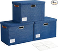 15" Large Collapsible Storage Bins with Lids, Stackable Closet Organizers with PU Handle and Labels, 3-Pack Decorative Fabric Storage Boxes for Home, Bedroom, Closet, Office, Nursery(Navy)