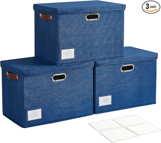 15" Large Collapsible Storage Bins with Lids, Stackable Closet Organizers with PU Handle and Labels, 3-Pack Decorative Fabric Storage Boxes for Home, Bedroom, Closet, Office, Nursery(Navy)
