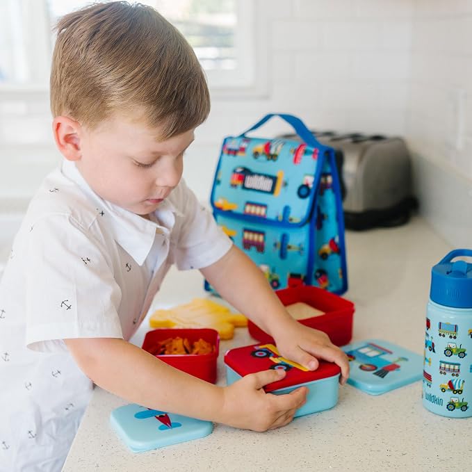 Wildkin Set of 3 Kids Nesting Food Containers for Boys – Stackable, Airtight & BPA-Free Snack Containers, Dishwasher Safe Lunch Box Containers for School & Travel, Ages 3–12 – Trains, Planes & Trucks
