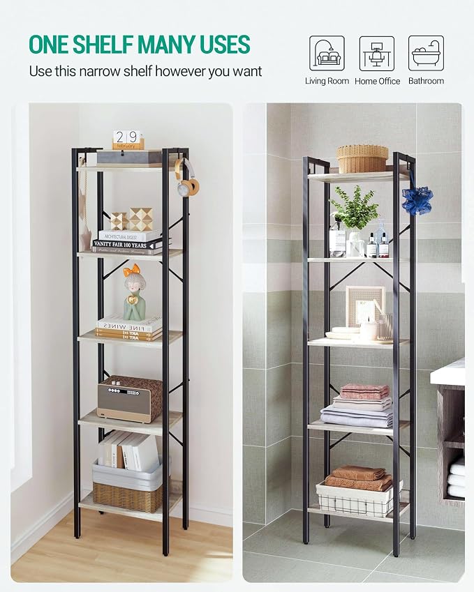 Hzuaneri Bookshelf, Book Shelf, Industrial Bookcase with 2 Hooks, Coner Shelf Storage Organizer for Home Office, Living Room, Bedroom, Kitchen, 5-Tier Greige BC10505B