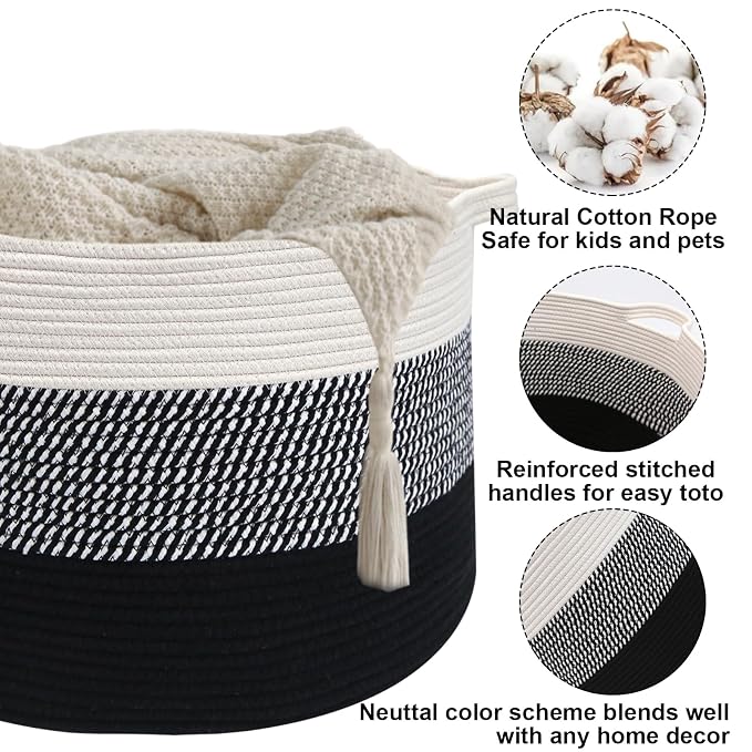 115L Extra Large Blanket Basket,Woven Rope Laundry Basket Hamper with Handles, Decorative Nursery Basket Storage Bin for Toys, Clothes Organizer, Living Room, Bedroom, Bathroom, Black