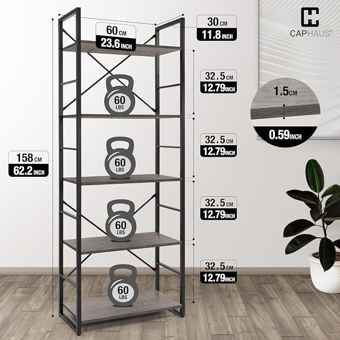 CAPHAUS 5 Tier Bookshelf, 24 Inch Width Free Standing Shelf, Bookcase Shelf Storage Organizer, Industrial Book Shelves for Home Office, Living Room, Kitchen, Dark Grey