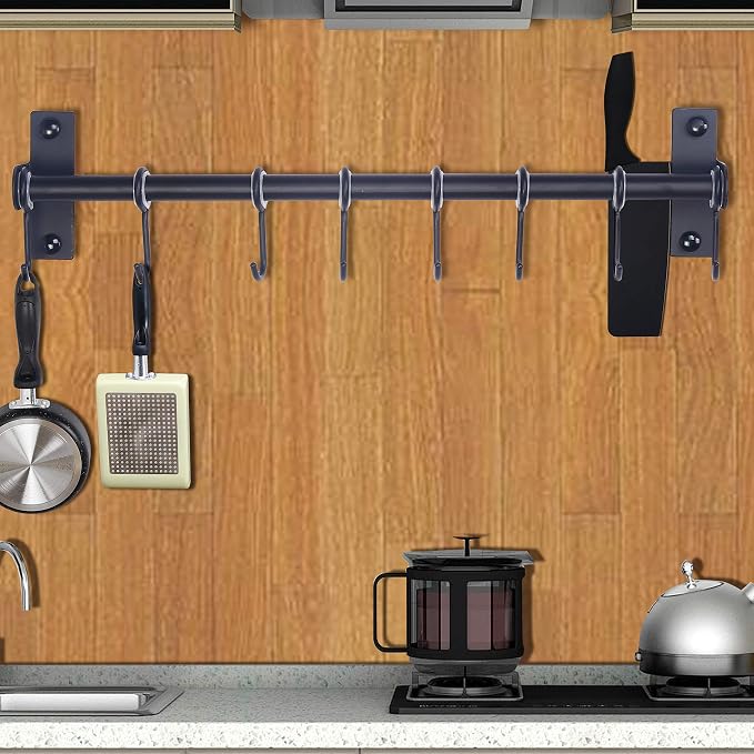 Dseap Pot Rack - Pots and Pans Hanging Rack Rail with 8 Hooks, Double Bars, Pot Hangers for Kitchen, Wall Mounted,Black