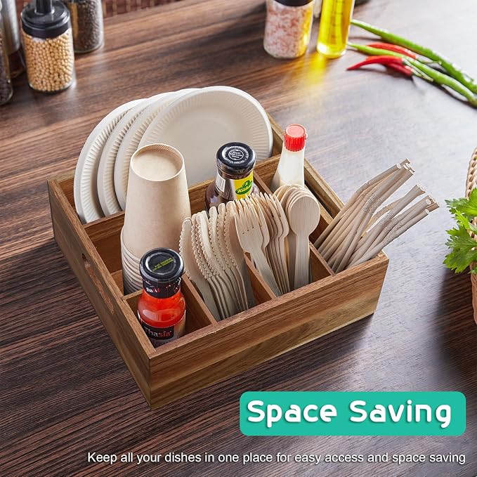 ALELION Acacia Wood Utensil Holder for Party - Paper Plate Organizer for Countertop - Silverware Caddy with 6 Compartments for Plate, Cup, Fork, Spoon - Cutlery Holder for Kitchen Camping Buffet