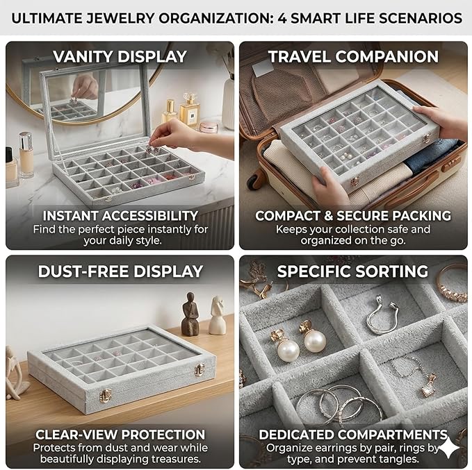 Stratalife 30 Grid Earring Organizer: Jewelry Holder Organizer Box with Clear Glass Lid, Velvet Jewelry Storage for Studs, Earrings, Rings, Necklace with Removable Dividers for Dresser, Grey