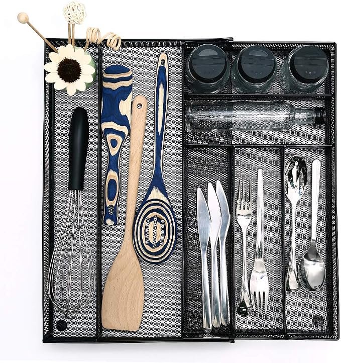 JANE EYRE Utensil Drawer Organizer - Expandable Cutlery Tray, Silverware/Flatware Storage Divider for Kitchen, Mesh Designing with Non-slip Rubber Feet (black)