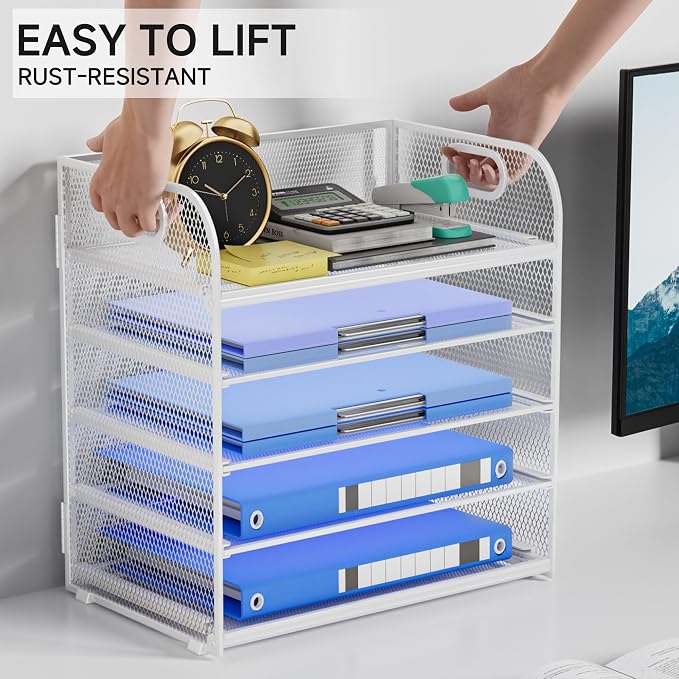 5-Tier Stackable Paper Organizer with Handle, White Metal Mesh Desk Organizer Letter Tray | Office Storage & Organization for Home, School & Workplace