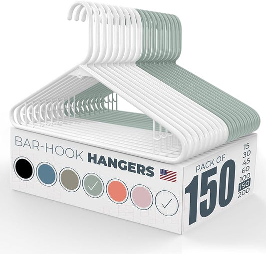 Plastic Hangers 100+ Pack (150 Count) – Made in the USA – 6lb Capacity Standard Clothes Hangers with Strap Hooks for Dresses, Lingerie, Shirts, Pants, and Jackets – White & Mint