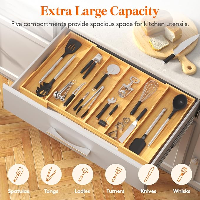 Lifewit Utensil Drawer Organizer, Expandable Kitchen Tool Tray, Wood Adjustable Flatware and Spatula Storage Divider, 17.8-28.3 x 17 x1.8