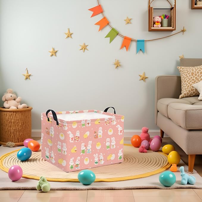 Rectangular Easter Basket for Home Kitchen Baby Girls Basket Cute Storage Bin Organizer Shelf Book Room Decor(Pink Cute Bunny)