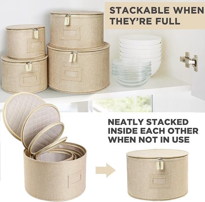 LotFancy China Storage Containers, Hard Shell, 4PCS Set, Dish Saucer Plate Storage Box for Moving, Stackable Dinnerware Organizer Bins with 48 Felt Dividers, Beige