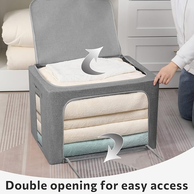 FHSQX 2 Pack Clear Window Storage Bins Large Foldable Fabric Storage Bins Boxes for Clothes Stackable Organizer Set with Carrying Handles19.7X 15.7X 12.6 Inches
