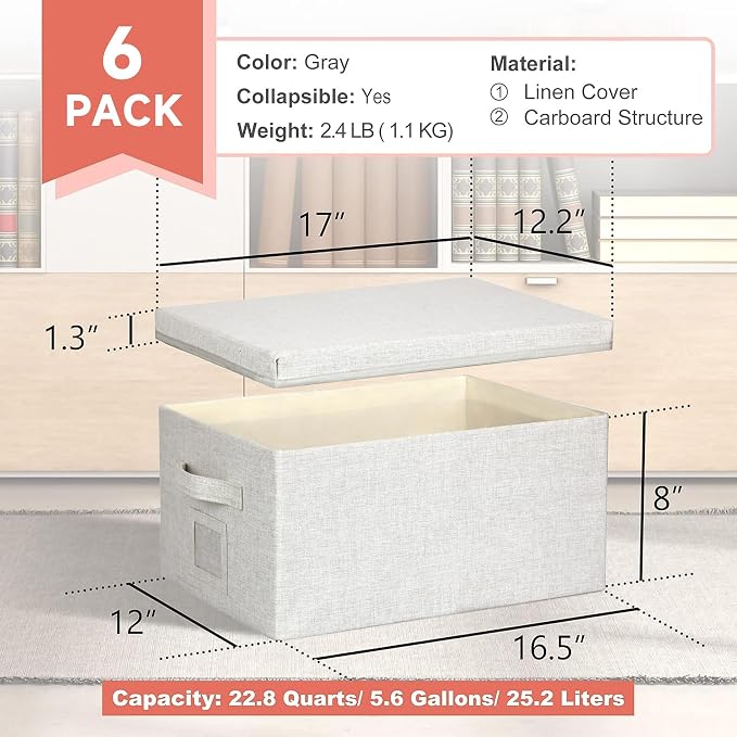 Graciadeco Large 17''x12'' Quart Collapsible Stackable Storage Bins with Lids, 6 Packs Fabric Closet Boxes with Lids, Storage Cube Baskets Container Organizers for Bedroom Office(17''x12.2x''8'')