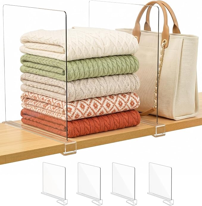 SortNStore Shelf Dividers Purse Organizer for Closet: 11-inch Tall(Extra Tall) Acrylic Sweater Organizer - Upgraded Extra Height for Large Handbags, Totes, Clothes, Towels on Wood Shelves 4-Pack