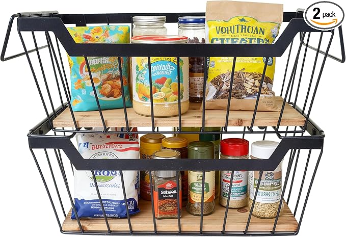 ShabbyDecor Metal Wire Basket with Handles Storage Organizer Stackable Organizing bins for Cabinet Shelf Countertop Under Sink Pantry for Kitchen,Bathroom,Laundry Closet,Set of 2pcs
