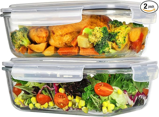 Vtopmart 2Pack 2260ml/76.4oz Extra Large Glass Storage Containers, Grey | Meal Prep Food Container Set with Snap Airtight Lids, Microwave, Oven, Freezer, Dishwasher Safe, Baking, BPA Free